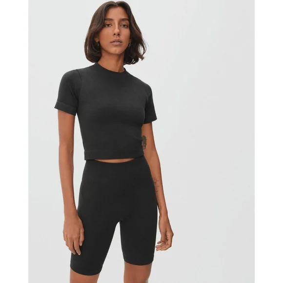 Everlane the seamless tee black crop ribbed stretch tee XS/S - Picture 2 of 11